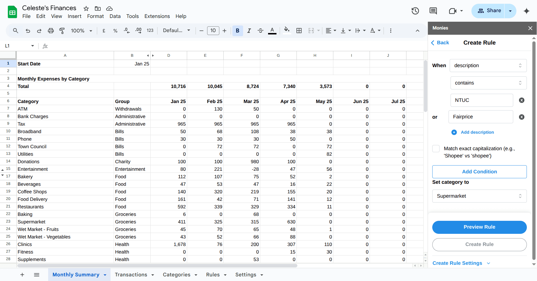 Rules creation interface with auto-categorized Google Sheet