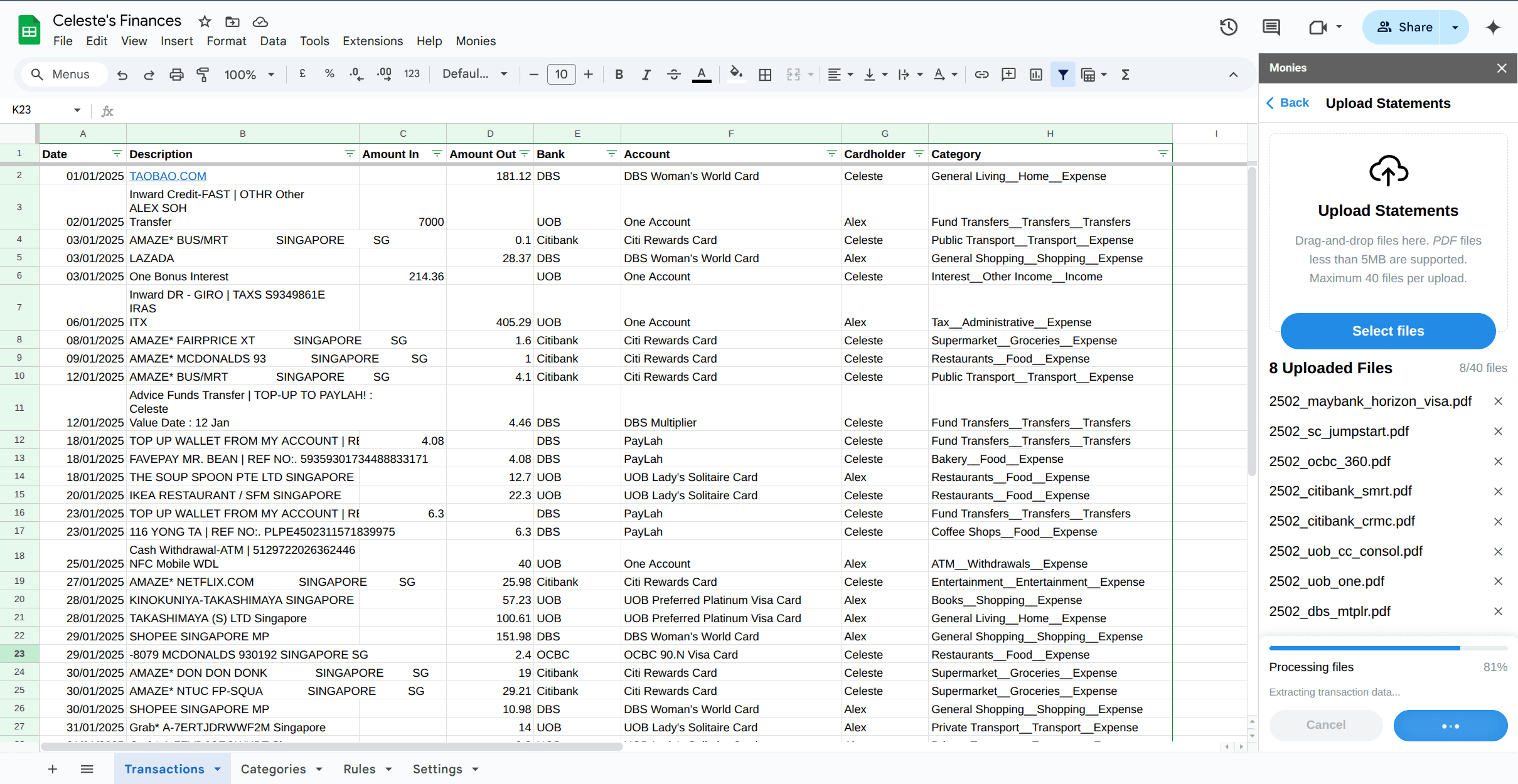 PDF upload interface showing drag-and-drop with Singapore bank logos